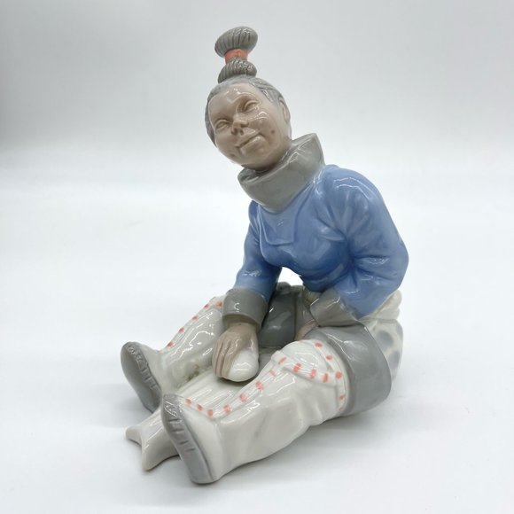 Rare Vintage Chukchi Woman Figurine Cleaning Fish Marked "CB" Lladro Style